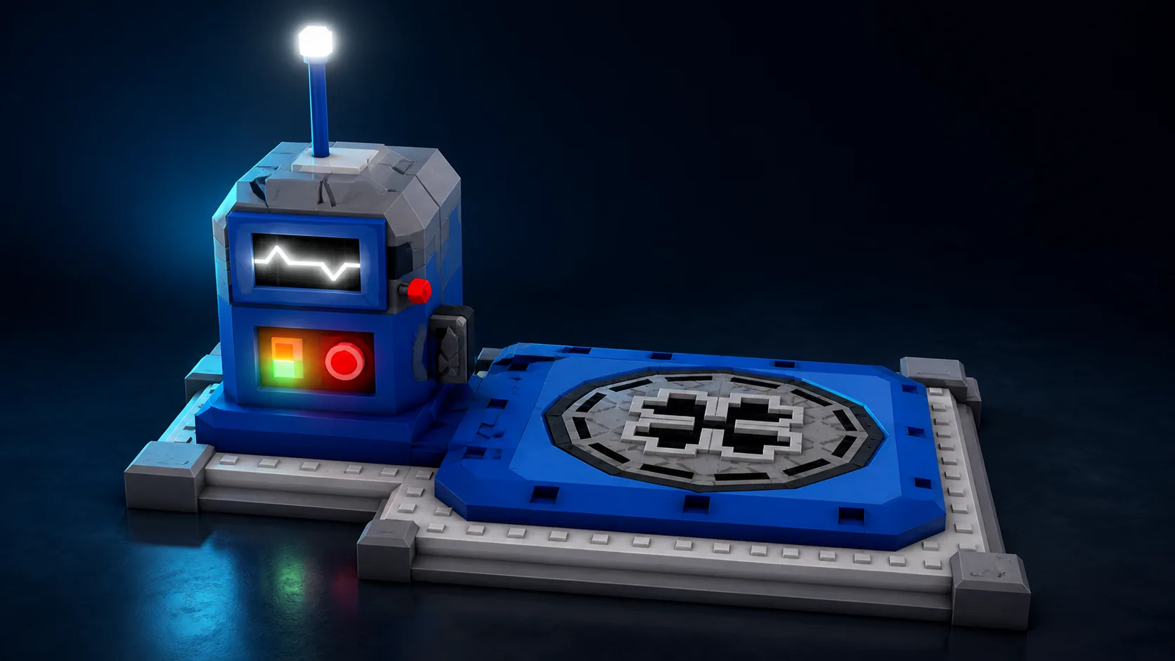 Illustrated overview of the blue RNG Machine with a control cabinet and circular spin platform