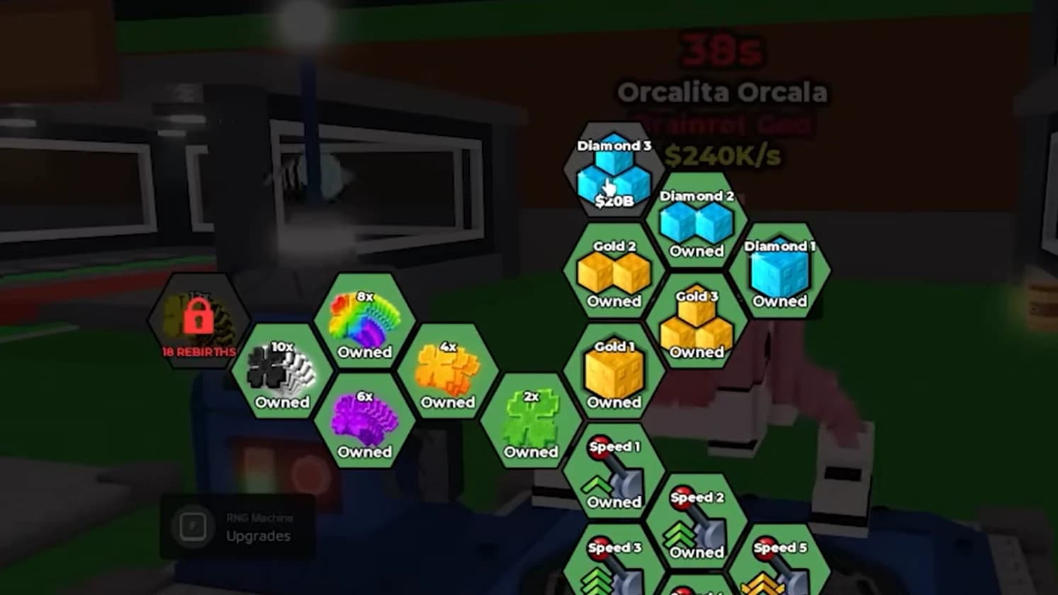 RNG Machine branching hex upgrade interface with acquired luck, mutation, gold, diamond, and speed nodes