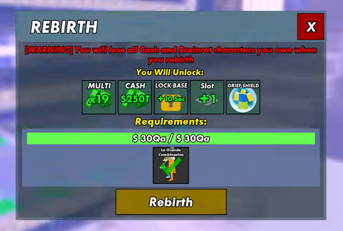 Rebirth 19 game screen showing the 300Qa and La Grande Combinasion requirements plus the x19, 250T cash, 10-second lock, base slot, and Grief Shield rewards