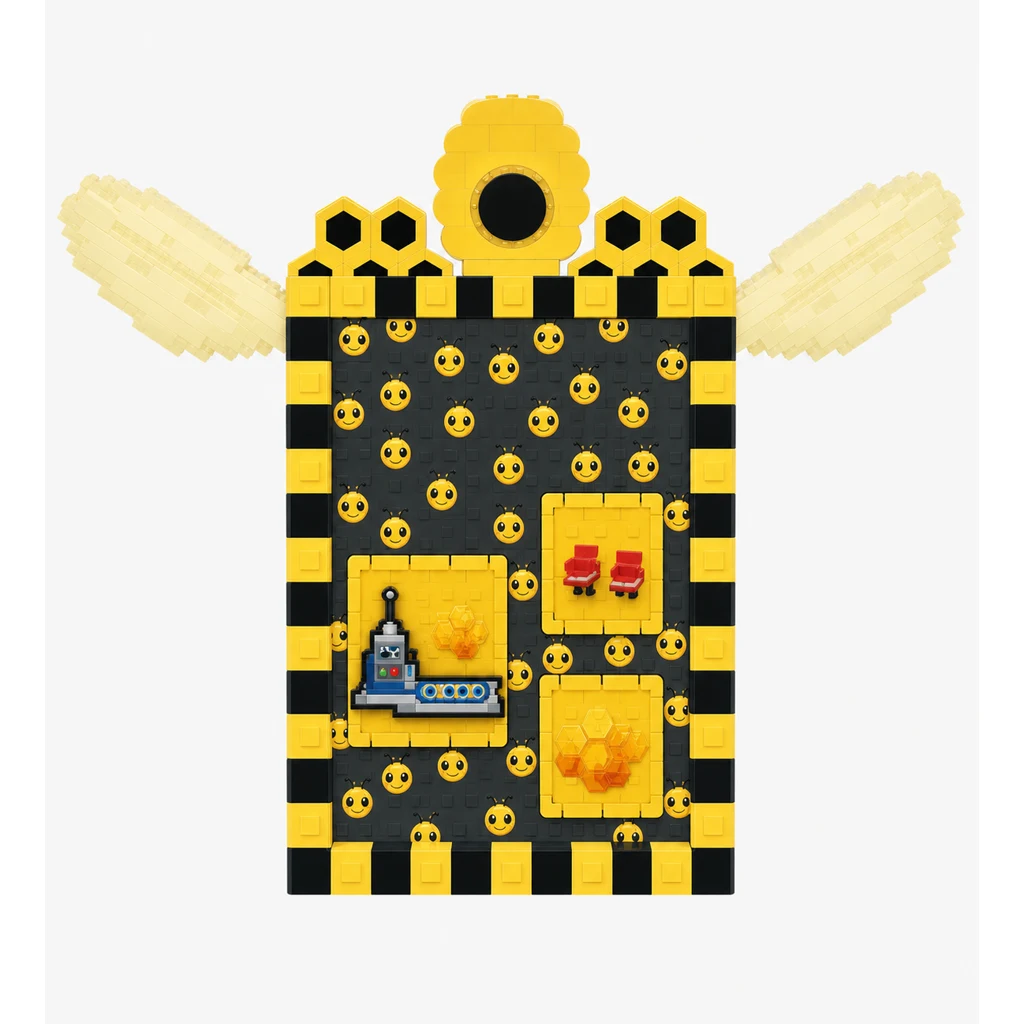 Straight-on view of the yellow-and-black Bee Admin Machine with honeycomb panels and pale wings