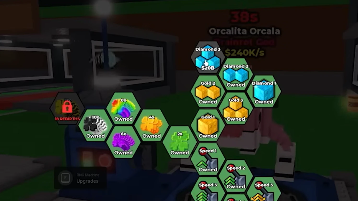 RNG Machine branching hex upgrade interface with acquired luck, mutation, gold, diamond, and speed nodes