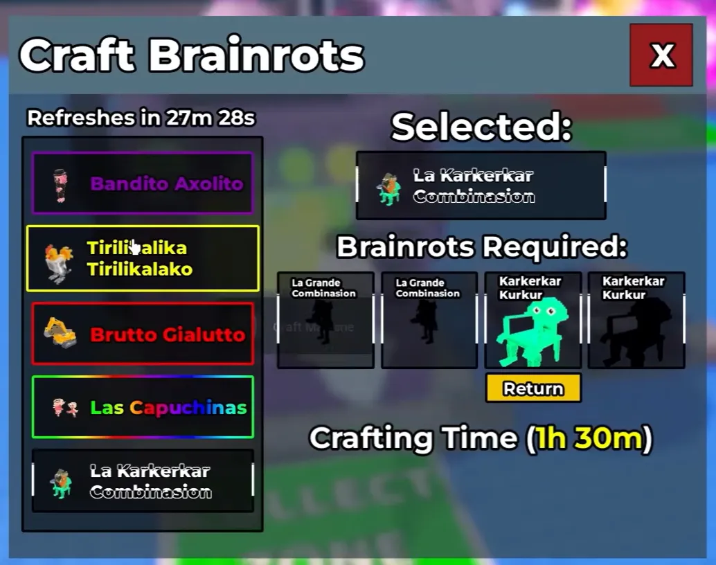 Craft Machine interface showing 5 available brainrots that refresh every 30 minutes