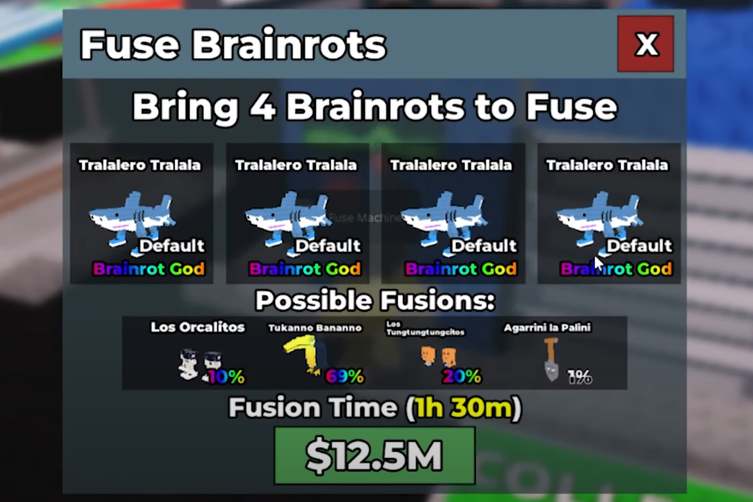 Fuse Machine interface showing brainrot fusion options