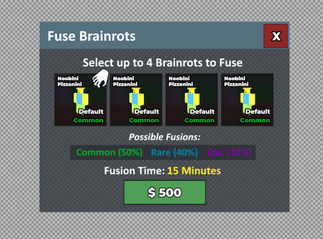 Fuse Brainrots Interface showing 4 Noobini Pizzanini brainrots with fusion probabilities and $500 cost